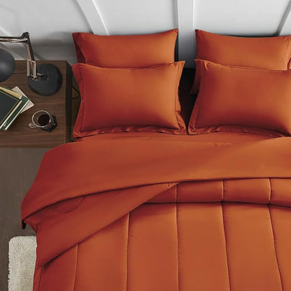 Maple&Stone Twin Comforter Set 5 Pieces Bed in a Bag - Down Alternative Bed Set with Sheets, Pillowcase & Sham, Soft Reversible Duvet Insert for Twin Bed, Burnt Orange