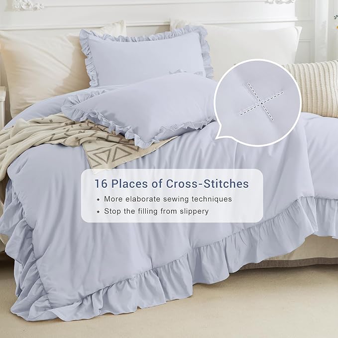 CozyTide Ruffled Comforter Set for Queen Bed,Cotton Farmhouse Shabby Boho Chic Bedding Set Lightweight Ultra Soft French Country Vintage Bedding (1 Cornflower Blue Comforter +2 Pillowcases)