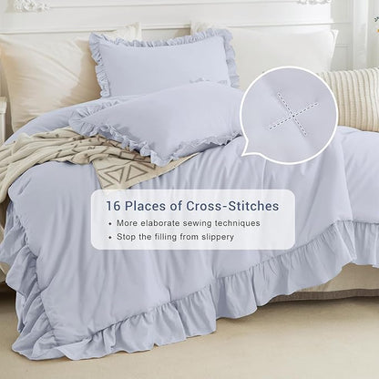 CozyTide Cotton King Comforter Set,Farmhouse Cornflower Blue Shabby Ruffle Bedding Comforter Lightweight Ultra Soft Vintage Ruffled Rustic Bedding for All Season