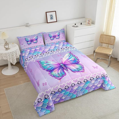 Erosebridal Butterfly King Size Bedding Set 3 Piece, Mermaid Scales Down Comforter for Kids Girls Women Room, Kawaii Love Heart Comforter Set, Dreamy Princess Maeine Life Quilt, Purple Blue