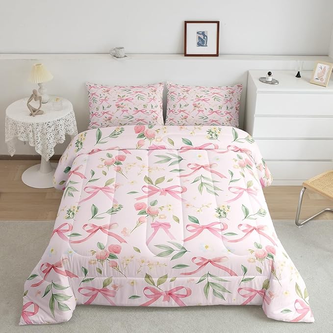 Feelyou Bow Bedding Set Boys Girls Twin Size Pink Girls Bow Comforter Set for Kids Women Men Ultra Soft Cute Bowknot Comforter Floral Flower Duvet Set Room Decor Kawaii Bow Quilt Set