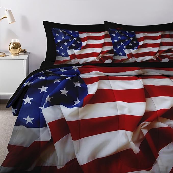 Nesker 7 Pcs Comforter Set King Size, Patriotic American Flag Bedding Set for Kids and Adults, Blue Red and White Federations Stars Bed Sheet Sets with Fitted Sheet 2 Pillowcases & 2 Shams