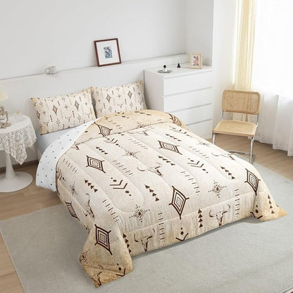 Feelyou Western Bull Skull Comforter Set Boho Ethnic Horns Bedding Set King Size Kids Adult Black Brown Tribal Symbol Mysterious Aztec Comforter