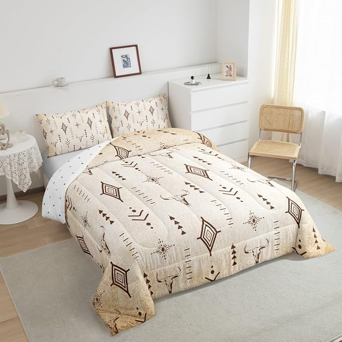 Feelyou Western Bull Skull Comforter Set Boho Ethnic Horns Bedding Set Twin Size Kids Adult Black Brown Tribal Symbol Mysterious Aztec Comforter