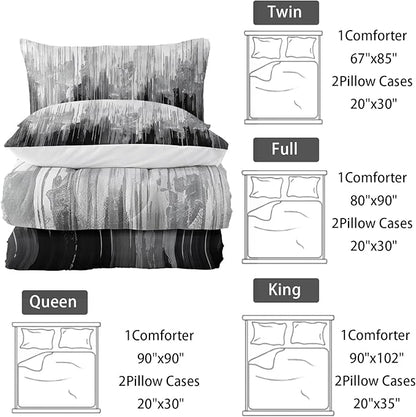 Grey Black White Gradient Print Comforter Set Queen Size,Abstract Art Bedding Set,Patchwork Printed Quilted Set for Teens Adult,with 1 Comforter and 2 Pillow Case