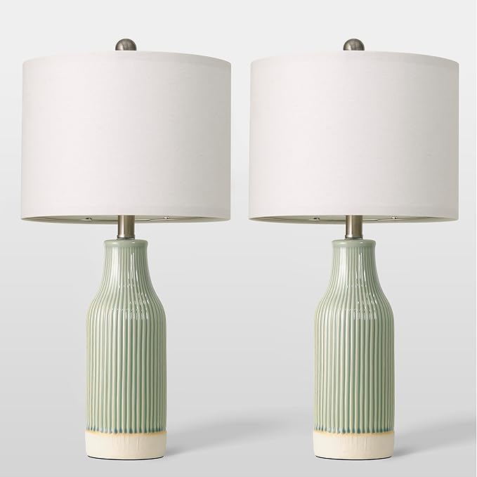 23.75" Modern Ceramic Table Lamps Set of 2, Stylish Bedside Lamps for Bedroom, Gorgeous Lamps for Nightstand, Lamps for Living Room, Farmhouse End Table Lamps, Light Green Home Decor