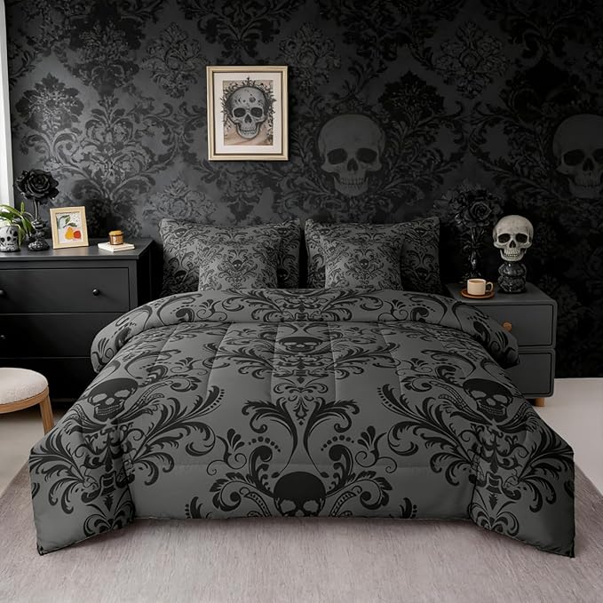 Erosebridal Gothic Damask Bed in a Bag Queen Comforter Set 7 Piece,Sugar Skull Bedding Sets Black Grey Victorian Floral Goth Sheet Set with Comforter
