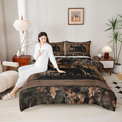 Erosebridal Farmhouse Black Bear Full Size Comforter Set Rustic Camo Bedding Set Country Cabin Lodge Bedding Comforter Sets,Woodland Animal Quilt 3 Pcs