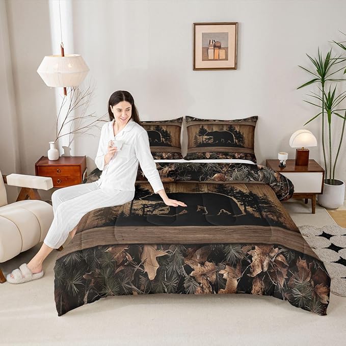 Erosebridal Farmhouse Black Bear Twin Size Comforter Set Rustic Camo Bedding Set Country Cabin Lodge Bedding Comforter Sets,Woodland Animal Quilt 2 Pcs