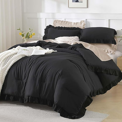 Andency California King Comforter Set Black (104x96Inch), 3 Pieces Cal King Ruffle Comforter, Oversized Farmhouse Shabby Chic Bed Comforter, Lighteweight and Soft Microfiber Bedding Set