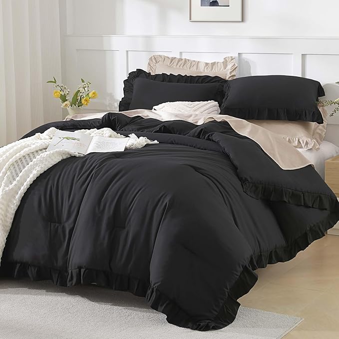 Andency Oversized King Comforter Set 120x98, 3 Pieces Ruffle Shabby Chic Famhouse Bedding Set, All Season Lightweight Fluffy Bed Set for Girls Women, Black