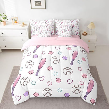 Erosebridal Baseball Bed in A Bag Twin | Cute Floral Girly 7 Piece Comforter Set Softball Sports Theme Game Sheet Set Breathable Lightweight Athletic Competitive Games Fitted Sheet Reversible