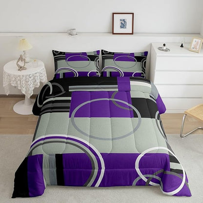 Abstract Swirls Comforter Set Queen Modern Purple Black Grey Bedding Circles Stripes Quilt Set Geometric Square Duvet Insert Curved Lines Down Comforter Modern Texture Bedding Comforter Sets