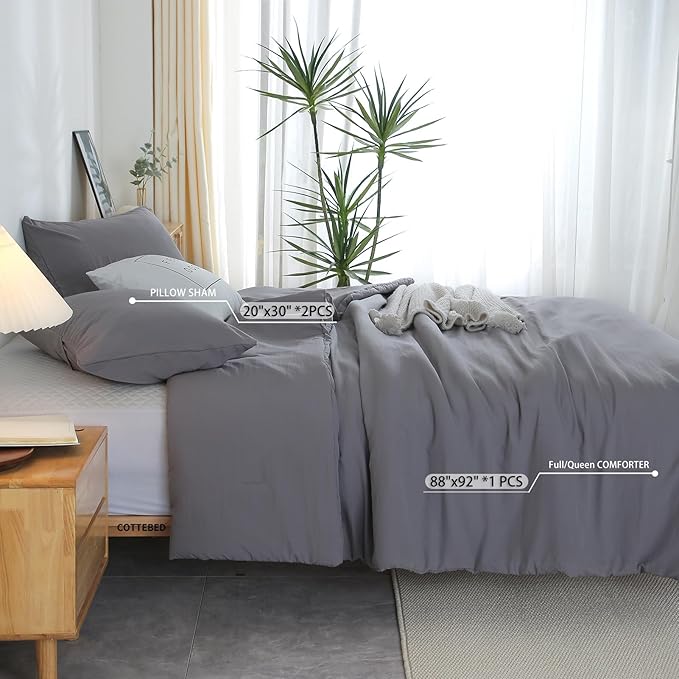 COTTEBED Ultra-Soft Gray Comforter Sets Queen Full Sized Bedding - All Season Lightweight Fuzzy Fluffy Modern Washed Polycotton Microfiber - 1 Bed Down Comforters &2 Pillowsham (Queen/Full,Dark Grey)
