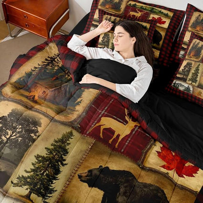 Erosebridal Bear Cabin Plaid 7 Piece Comforter Set Full,Rustic Farmhouse Bed in a Bag,Retro Hunting Deer Bedding,Country Woodland Pine Tree Quilt Set,Maple Leaf Lodge Fitted Sheet,Red Black Brown