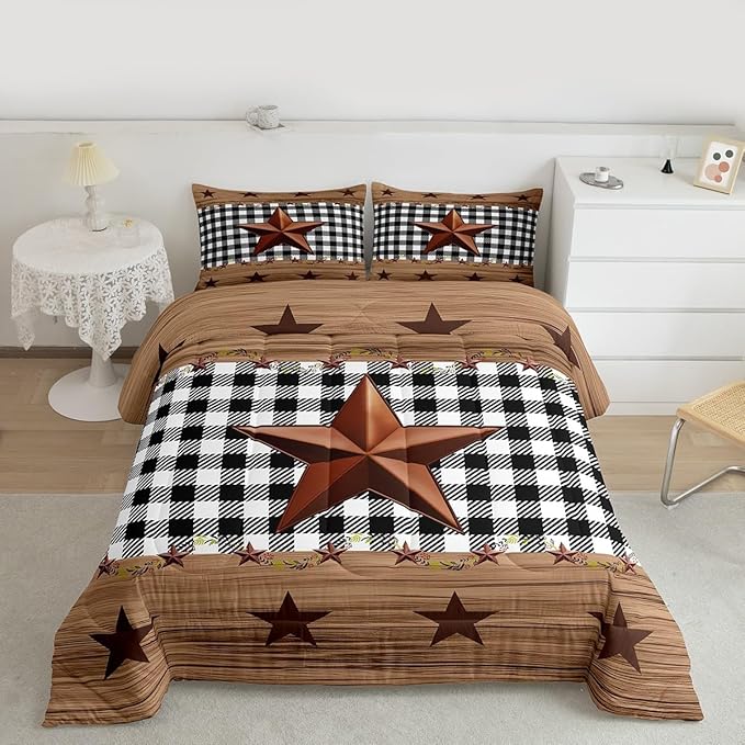 Western Texas Star Comforter Set Queen, Farmhouse Black Plaid Bedding, Brown Vintage Country Star Bedding Comforter Sets, Retro Rustic Checked Grid Bedroom Decor Wooden Grain Quilt For Kids Boys Girls