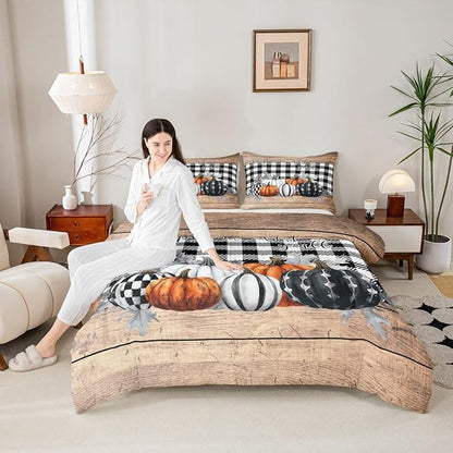 Fall Pumpkins Comforter Set Twin Rustic Farmhouse Thanksgiving Theme Bedding Set Black White Buffalo Plaid Bedding Comforter Sets Happy Autumn Fall Quilt Duvet Wooden Board Home Room Decor 2 Pcs