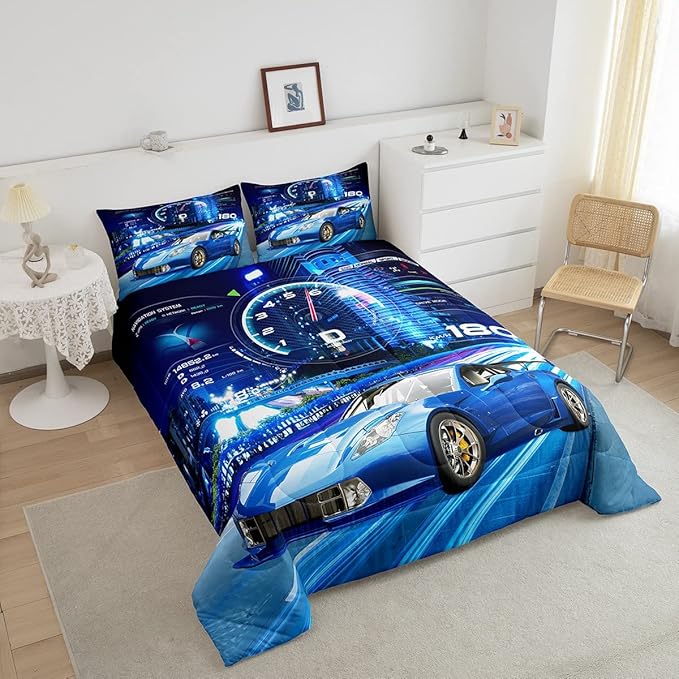 Feelyou Boys Sports Car Comforter Set for Kids - Extreme Sports Bedding Set with 1 Comforter and 1 Pillowcase, Twin Size, Blue