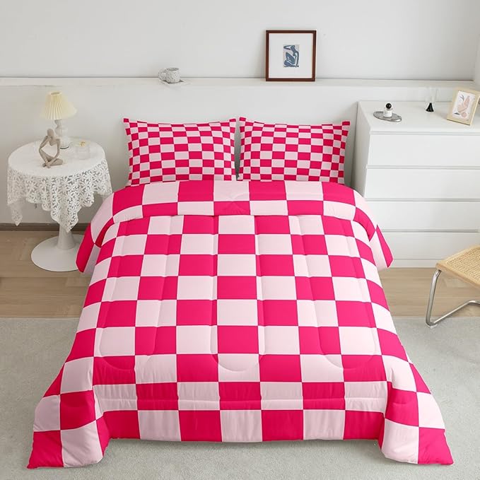 Feelyou Checkered Bedding Set Teen Women Boho Modern Cute Aesthetic Decorative Girly Comforter Set Full Size Kids Boys Girls Geometric Chic Duvet Insert Pink White Plaid Room Decor