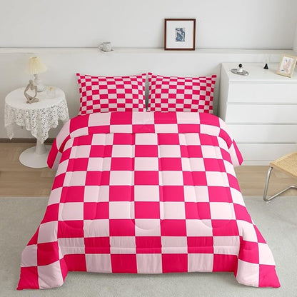Feelyou Checkered Bedding Set Teen Women Boho Modern Cute Aesthetic Decorative Girly Comforter Set Twin Size Kids Boys Girls Geometric Chic Duvet Insert Pink White Plaid Room Decor