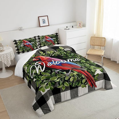 Erosebridal Red Cardinal Comforter Garden Botanical Plant Bedding Set Queen Rustic Farmhouse Black White Buffalo Plaid Comforter Set for Kids Adults Nature Country Quilt Duvet Soft Lightweight