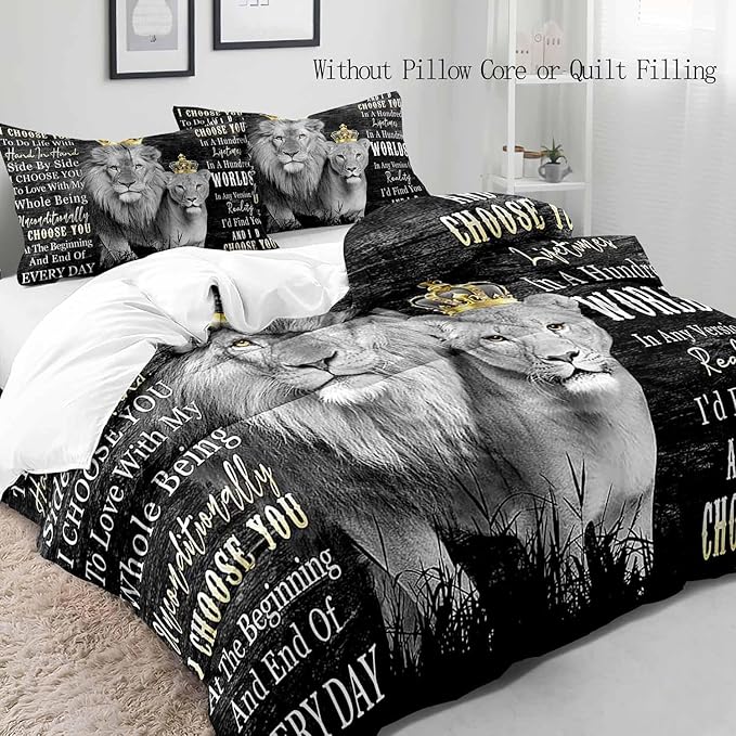 VIVIHOME 3PCS Noble Lion King & Queen Bedding, Black Duvet Cover, African Safari Wild Animal Comforter Quilt Cover, Bedroom Decor for Couples Gifts, Romantic Gifts for Him, I Choose You, 2 Pillowcases