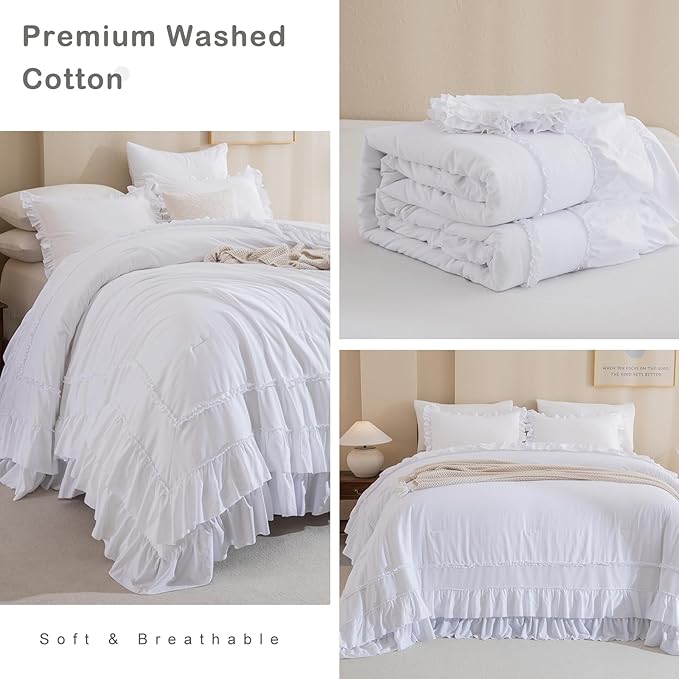 CozyTide White Oversized King Comforter 120x120,Cotton Farmhouse Shabby Boho Chic Ruffle California King Bed Comforter French Country Rustic Bedding 3PCS (1 Ruffled Comforter+2 Pillow Shams)
