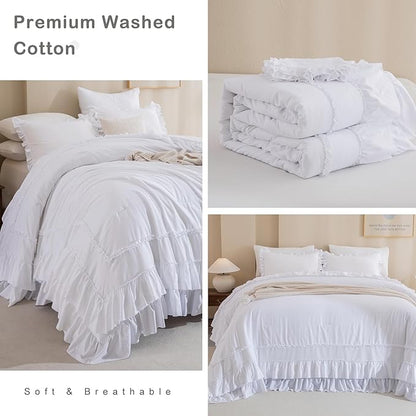 CozyTide White Oversized King Comforter 120x120,Cotton Farmhouse Shabby Boho Chic Ruffle California King Bed Comforter French Country Rustic Bedding 3PCS (1 Ruffled Comforter+2 Pillow Shams)