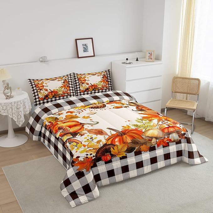 Buffalo Plaid Pumpkins Mushrooms Bedding Set Twin,Vintage Fall Harvest Theme Comforter Set For Home Bedroom,Autumn Maple Leaves Sunflower Comforter Thanksgiving Gifts Quilt Orange Black White 2 Pcs
