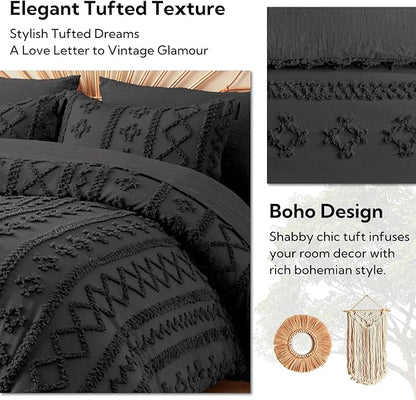 MR&HM Farmhouse Comforter Set King 7 Pieces, Black Tufted Boho Beddding Sets, Bed in a Bag with 1 Comforter, 2 Pillow Shams, 2 Pillowcases, 1 Flat Sheet, 1 Fitted Sheet for All Seasons