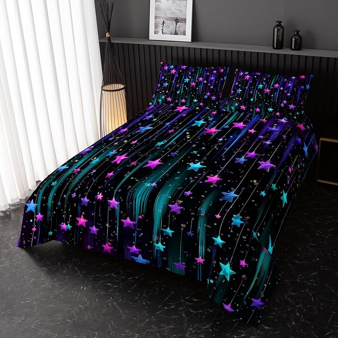 Colorful Stars Comforter Set King Size,Galaxy Starry Printed Bedding Set for Men Women Adults,Colorful Stars Room Decor with Soft and Lightweight Comforter and 2 Pillowcases