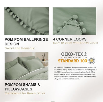MUKKA Queen Comforter Set 5-Piece Comforter Sage Green Queen Size, Boho Pom Pom Fringe Comforter Sets Queen Size, Bedding Comforter Sets with 2 Pillowcases,2 Pillowshams