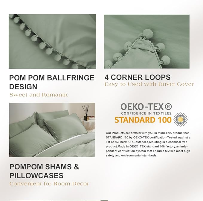 MUKKA Comforter Set 5-Piece Full Size Sage Green, Boho Pom Pom Fringe Comforter Sets Full Size, Bedding Comforter Set with 2 Pillowcases,2 Pillowshams
