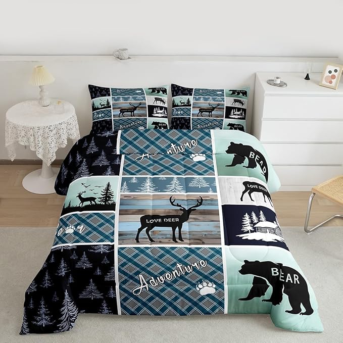 Bear Deer Comforter Set King Size, Hunting Wild Animal Bedding Rustic Cabin Lodge Quilt Farmhouse Blue Geometric Plaids Bedding Comforter Sets For Boys Girls Mens Bedroom, Blue Rustic Gifts For Men