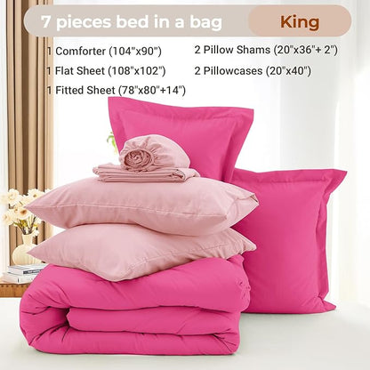 MUXHOMO 7 Pieces King Comforter Set, Soft Bed in a Bag King Size, All Season Bedding Set with Comforter, Flat Sheet, Fitted Sheet, Pillowcases & Shams, Hot Pink & Baby Pink