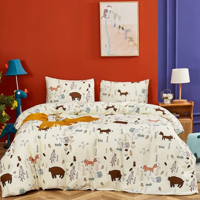 CLOTHKNOW Kids Full Size Comforter Sets Yellow Bedding Comforter Sets Cartoon Animal Fox Theme Woodland Forest Bedding with 2 x Pillow Cases