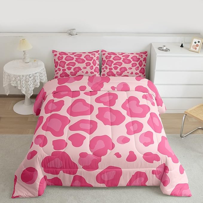 Erosebridal Pink Leopard Twin Comforter Set for Kids Boys Girls,African Cheetah Print Bedding Set,Farmhouse Rustic Duvet Insert,Wild Animal Skin Bed Set for All Season