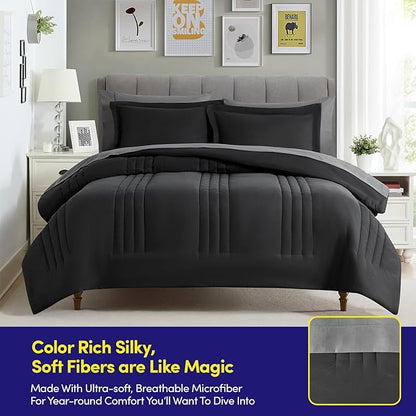 Queen Comforter Set Quilted Stripe Bedding Bundle – Stylish Set with Comforter, Mattress Protector, Sheet Set & Pillow Shams — Sophisticated Striped Design for Home & Guest Rooms, Black/Charcoal