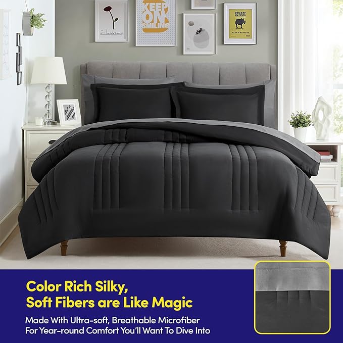 Full Size Comforter Set Quilted Stripe Bedding Bundle – Stylish Set with Comforter, Mattress Protector, Sheet Set & Pillow Shams — Sophisticated Striped Design for Home & Guest Rooms, Black/Charcoal
