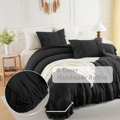 Herside Black Ruffle Comforter Set Queen Size,Shabby Chic Boho Bedding Sets, Soft Fluffy Comforters Sets for All Season,Vintage Ruffled 3 Pcs Microfiber Lightweight Quilt Set for Women Girls