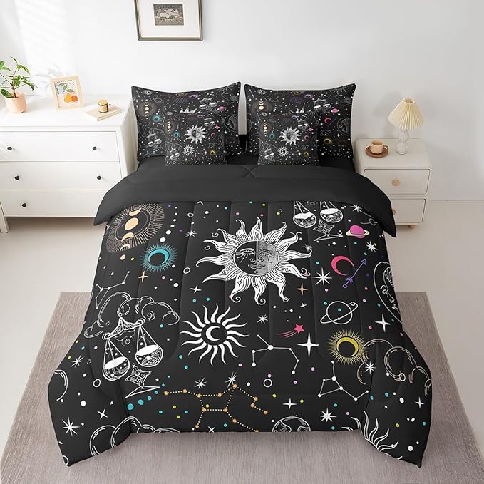 Erosebridal Sun and Moon Comforter Set 7 Piece Twin Size Bohemian Stars Galaxy Bedding Sets for Kids Girls Boys Trippy Outer Space Bed in a Bag Planet Constellation Pattern Soft Microfiber Top Sheet