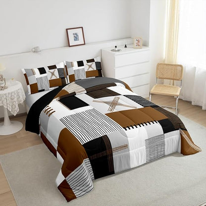 Erosebridal Brown Grey Full Comforter Set for Boys Men Black White Abstract Bedding Set for Kids Adults Geometric Square Quilt Grids Checkered Duvet Insert Modern Fashion Room Decor 3 Pcs
