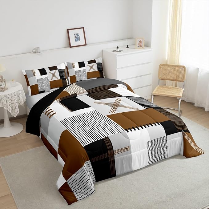 Erosebridal Brown Grey King Comforter Set for Boys Men Black White Abstract Bedding Set for Kids Adults Geometric Square Quilt Grids Checkered Duvet Insert Modern Fashion Room Decor 3 Pcs