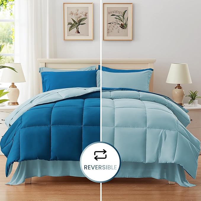 Anluoer King Comforter Set,Teal&Light Blue Bed in a Bag 7 Piece,Lightweight Bedding Set with Soft Down Alternative Fill,Bed Set Includes Comforter, Fitted Sheet, Flat Sheet,Pillowcases and Shams