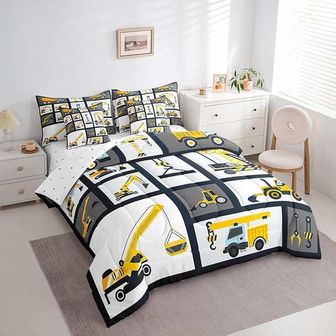 Feelyou Kids Construction Comforter Set Twin Size 7 Pcs Boys Construction Site Cars Comforter Bed in a Bag Trucks Excavators Bedding Set Child Tractors Bed Set with Sheets, Pillowcases, Pillow Covers