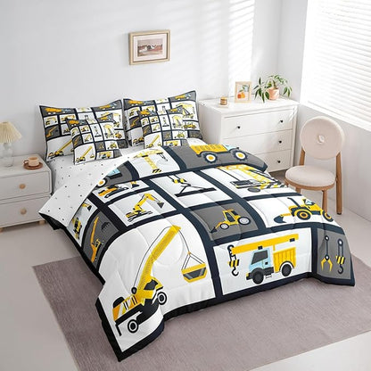 Feelyou Kids Construction Comforter Set Twin Size 7 Pcs Boys Construction Site Cars Comforter Bed in a Bag Trucks Excavators Bedding Set Child Tractors Bed Set with Sheets, Pillowcases, Pillow Covers