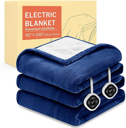 HOMLYNS LuxeHeat Heated Blanket Electric Blanket King Size, Soft Flannel Sherpa Heating Blanket with 10 Heat Settings, 1-10 hrs Timer Auto Shut Off (90x100 inches, Navy)