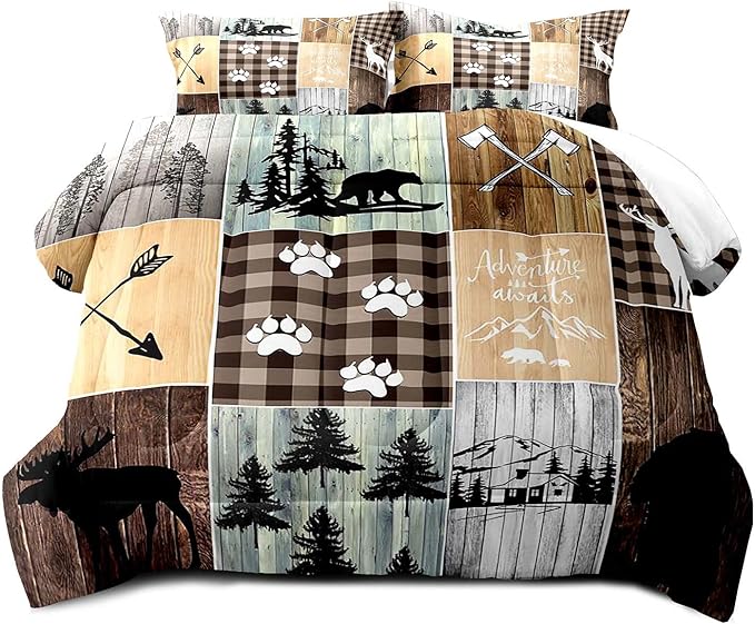 LUVIVIHOME 3PCS Cabin Rustic Comforter Set Full Size, Black Bear Deer Elk Moose Woodland Forest Animals Wildlife Hunting Brown Plaid Patchwork Lodge Country Farmhouse Bedding Quilt, 2 Pillow Shams