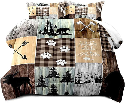 LUVIVIHOME 3PCS Cabin Rustic Comforter Set Full Size, Black Bear Deer Elk Moose Woodland Forest Animals Wildlife Hunting Brown Plaid Patchwork Lodge Country Farmhouse Bedding Quilt, 2 Pillow Shams