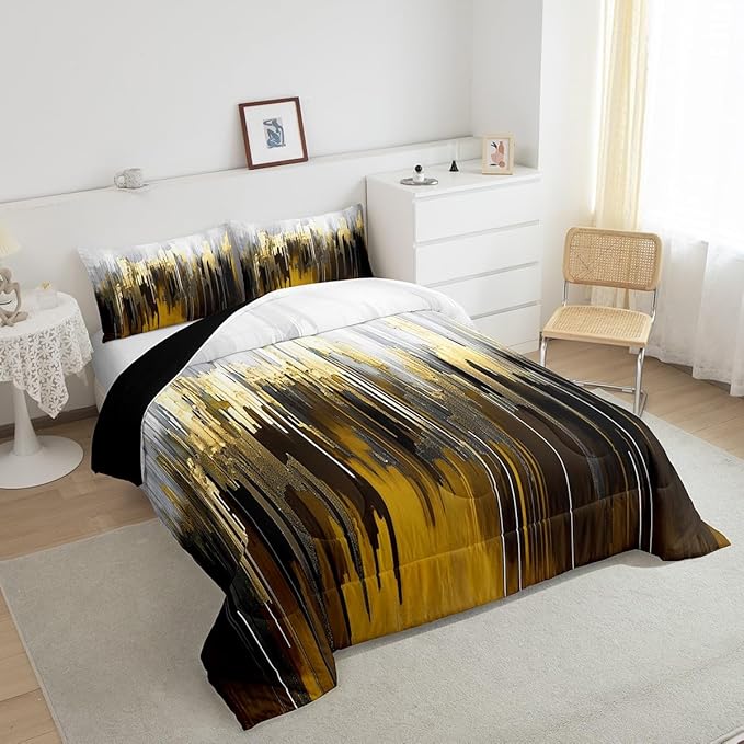 Erosebridal Abstract Graffiti Bedding Full Brown Yellow Comforter Set for Adults, Oil Painting Gradient Down Comforter Modern Artwork Bedding Comforter Sets, Ombre Brush Strokes Duvet Insert